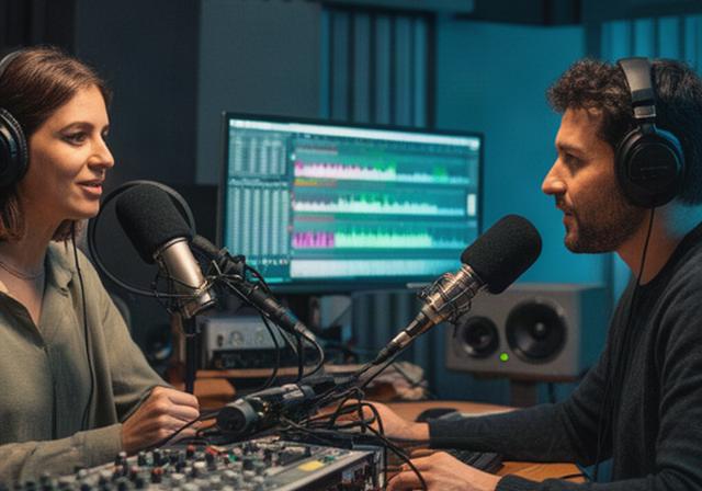Productora e ingeniero de sonido trabajando en una sesión de podcast en un estudio de Aranjuez