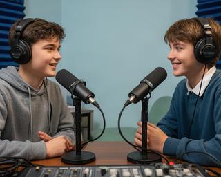 Alumnos de instituto grabando una entrevista frente a dos micrófonos en un estudio escolar